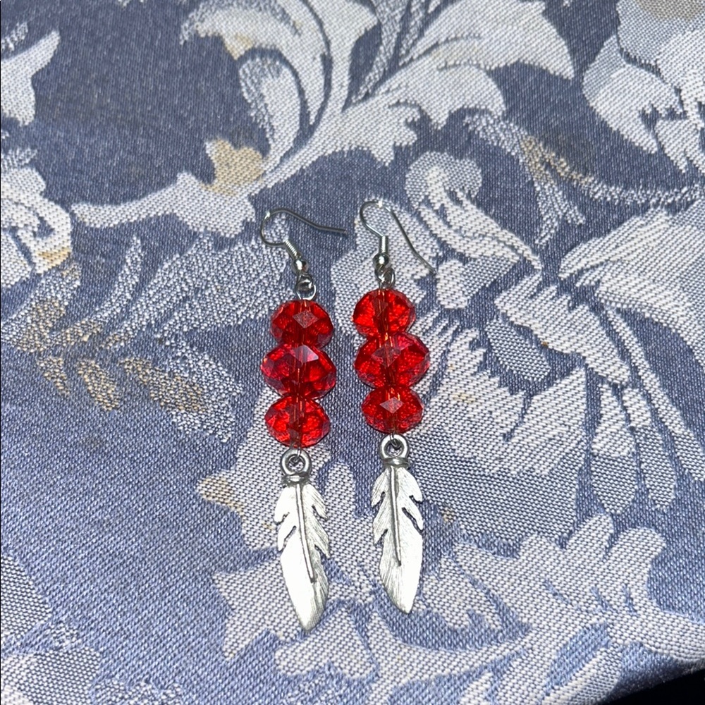 Vibrant Red and Silver Feather Earrings